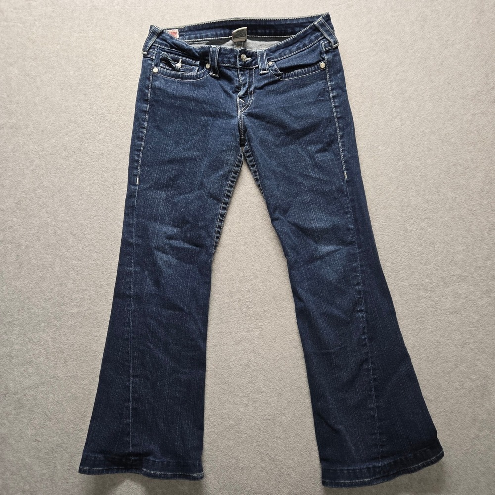 True Religion Joey Dark Wash Flare Jeans Made in USA Size 31 Low Rise Stitching